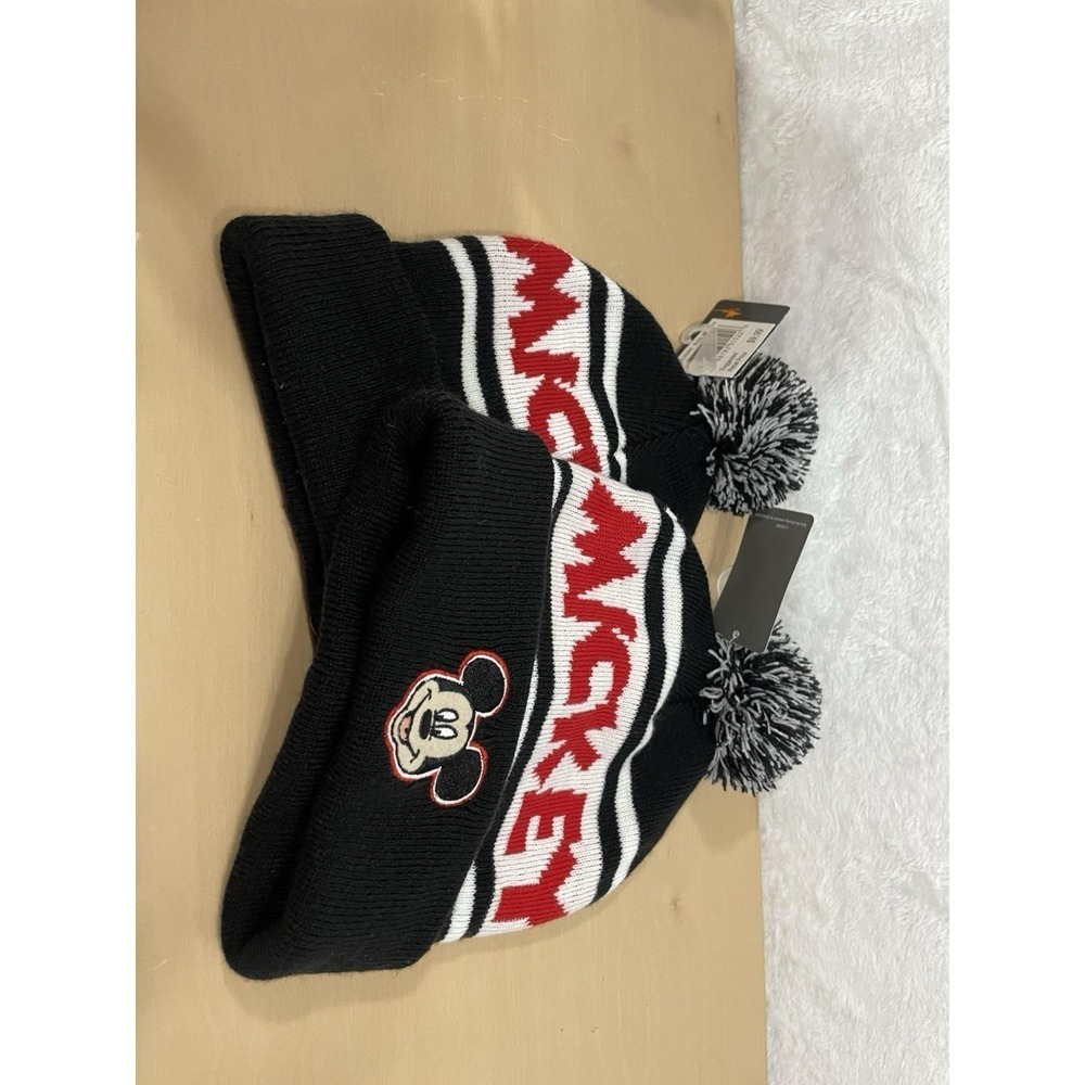 Disney Mickey Mouse Knit Beanie Hat w/‎ Pom Black Red White NWT Lot of 2